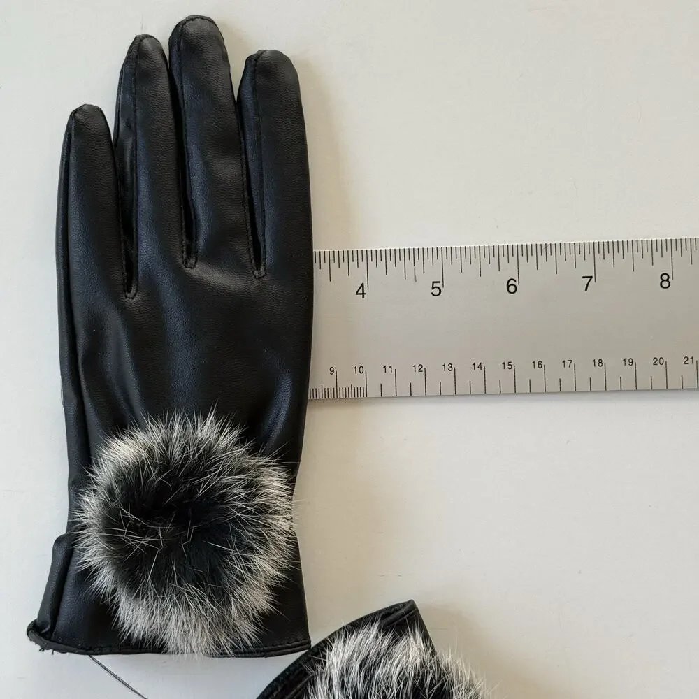 NIB Faux BlackLeather Gloves Faux Fur Pom Detail Mob Wife Aesthetic Women Size M